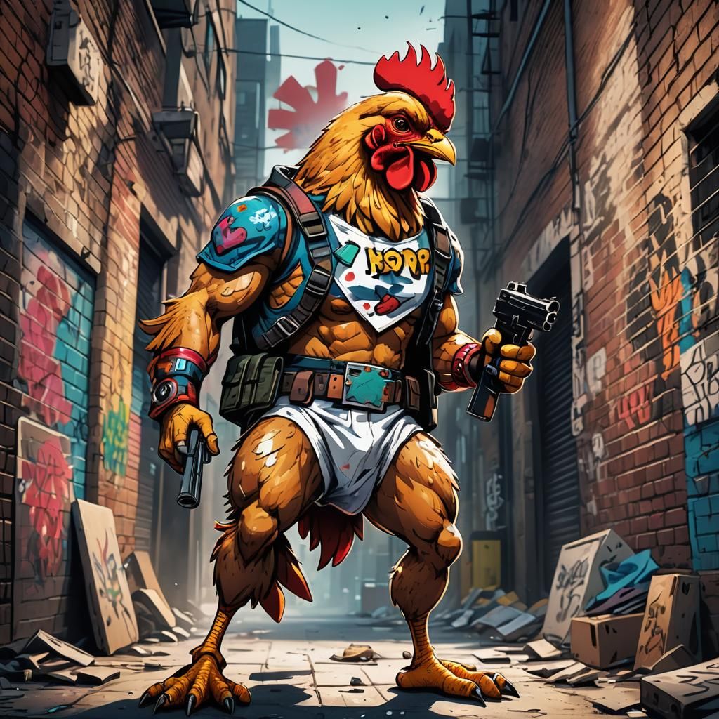 Chicken with Guns in Urban Graffiti Art Style