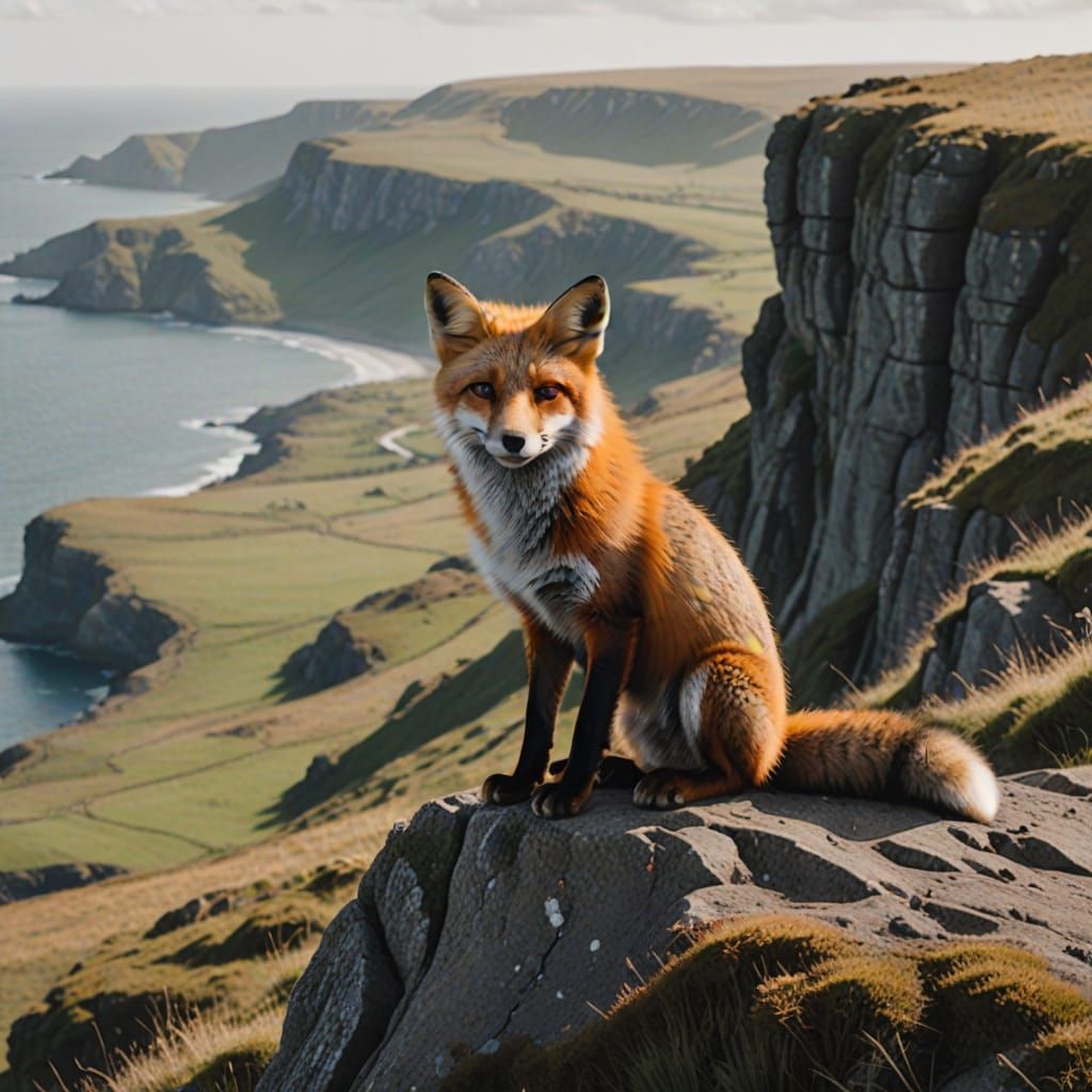 Majestic Fox Sits Serenely on Rocky Cliff
