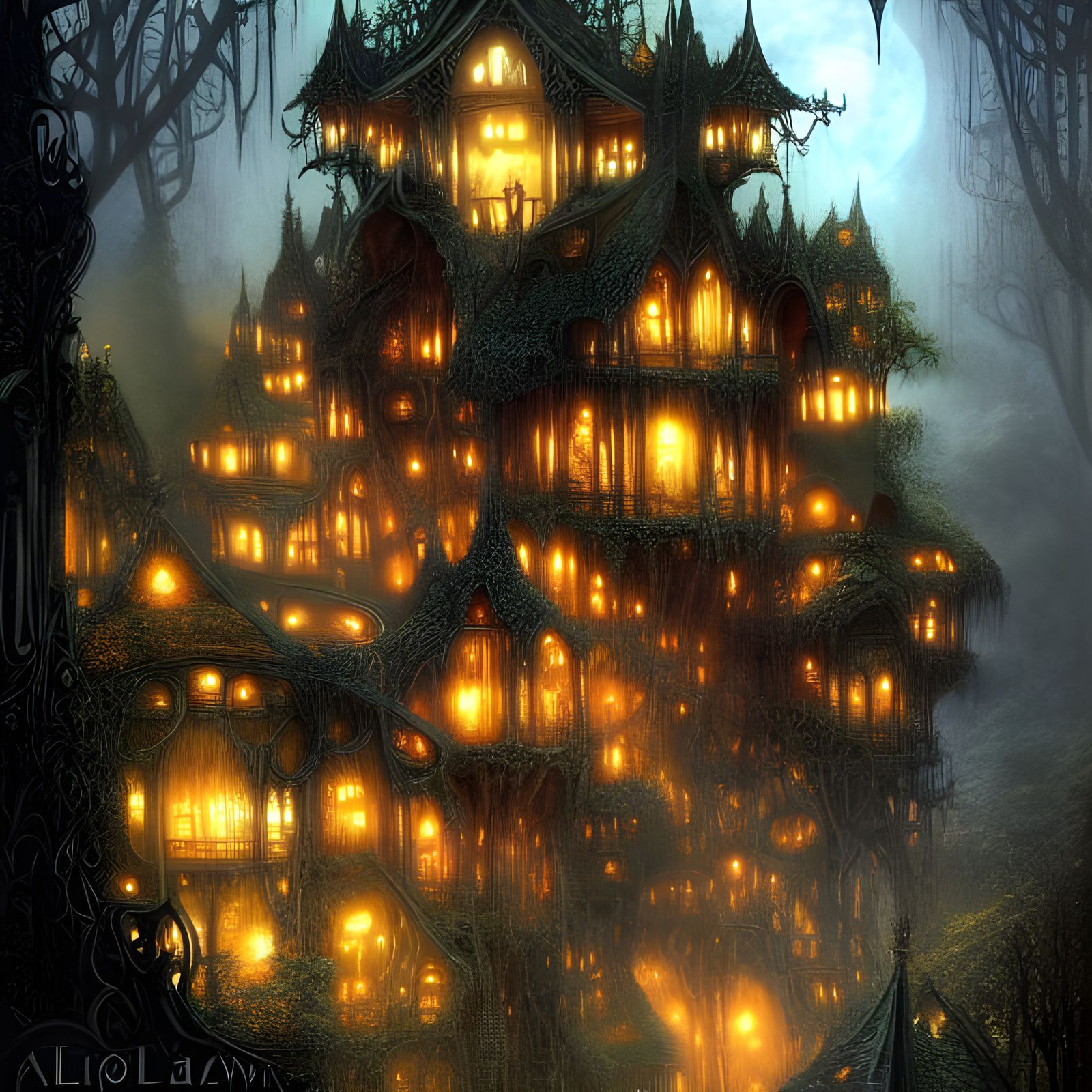 Glowy Dark Fantasy Gothic Treehouse Village