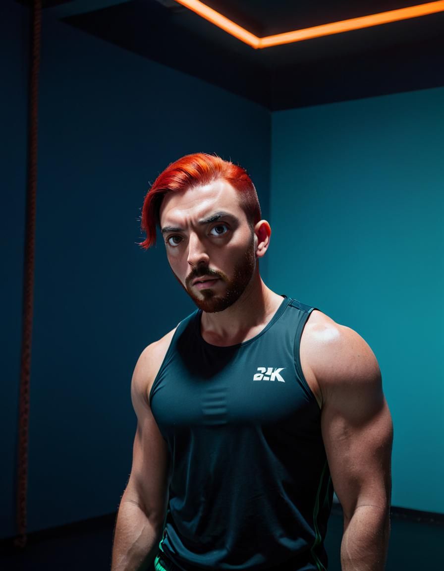 Surprised Redhead Gym Trainer in Cinematic Style