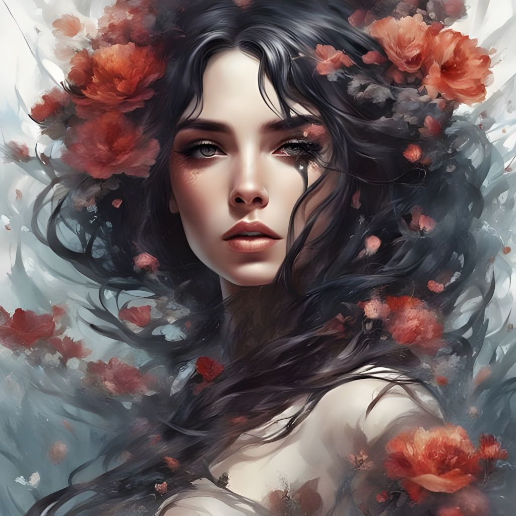 Beautiful Girl with Floral Head, Detailed Portrait