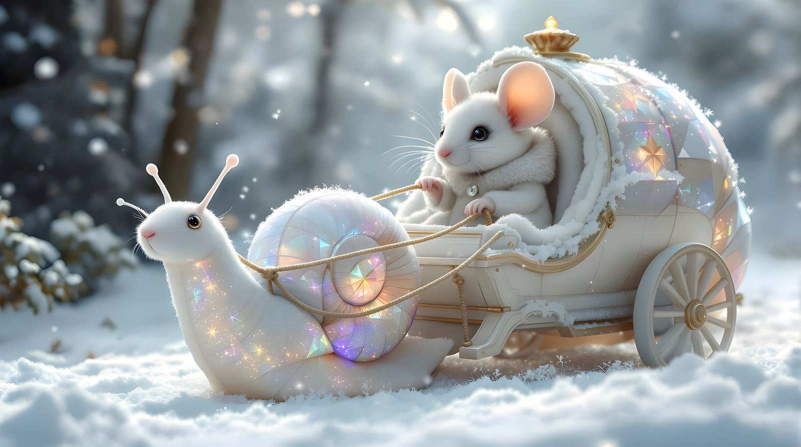 Mouse Rides Snail Carriage Through Snowy Fantasy Landscape