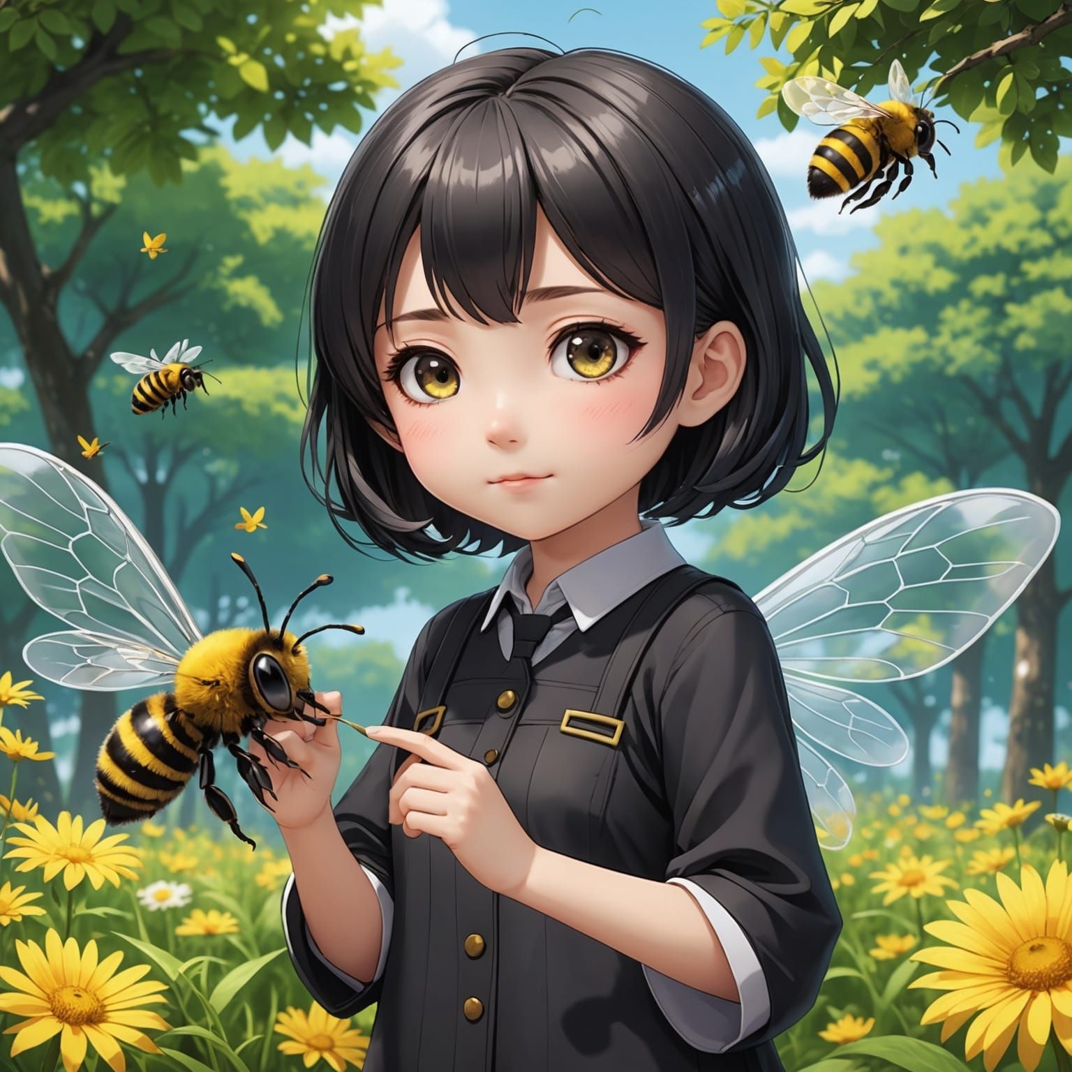 Anime Chibi Girl Petting a Bee in Detailed Style