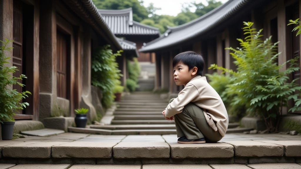 Young Chinese Boy in Traditional Village on Stone Staircase