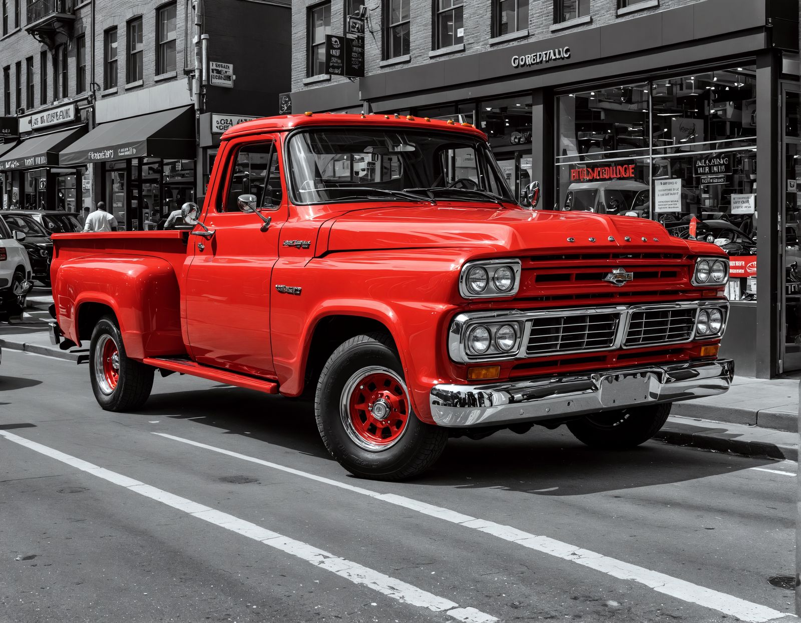 Red Pickup Truck on a Busy Street in HDR