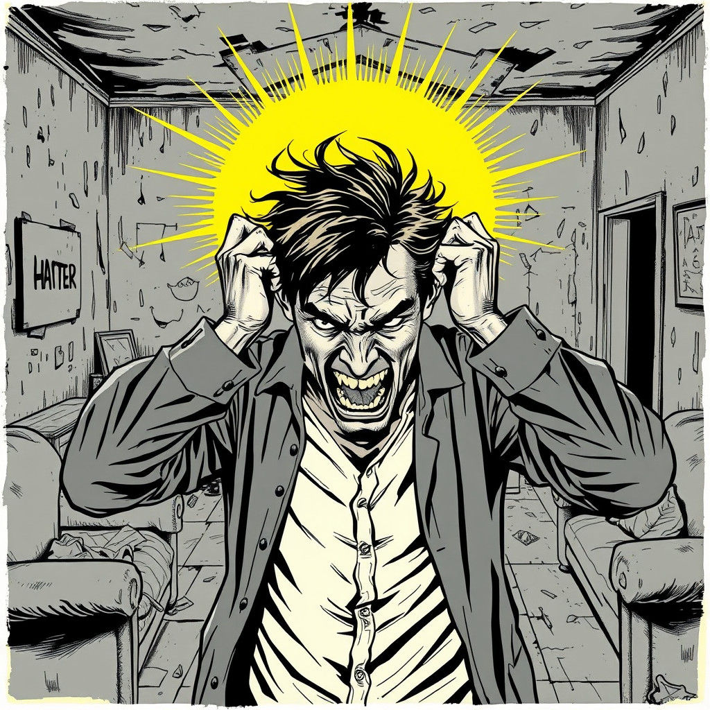 Distressed Man in Seedy Apartment, Comic Book Art