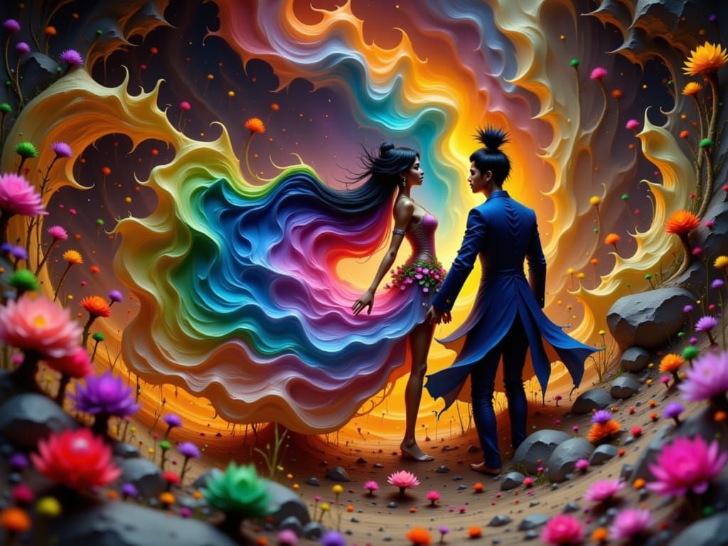 Couple Embracing in Elemental Vortex, Miyazaki-Inspired Art