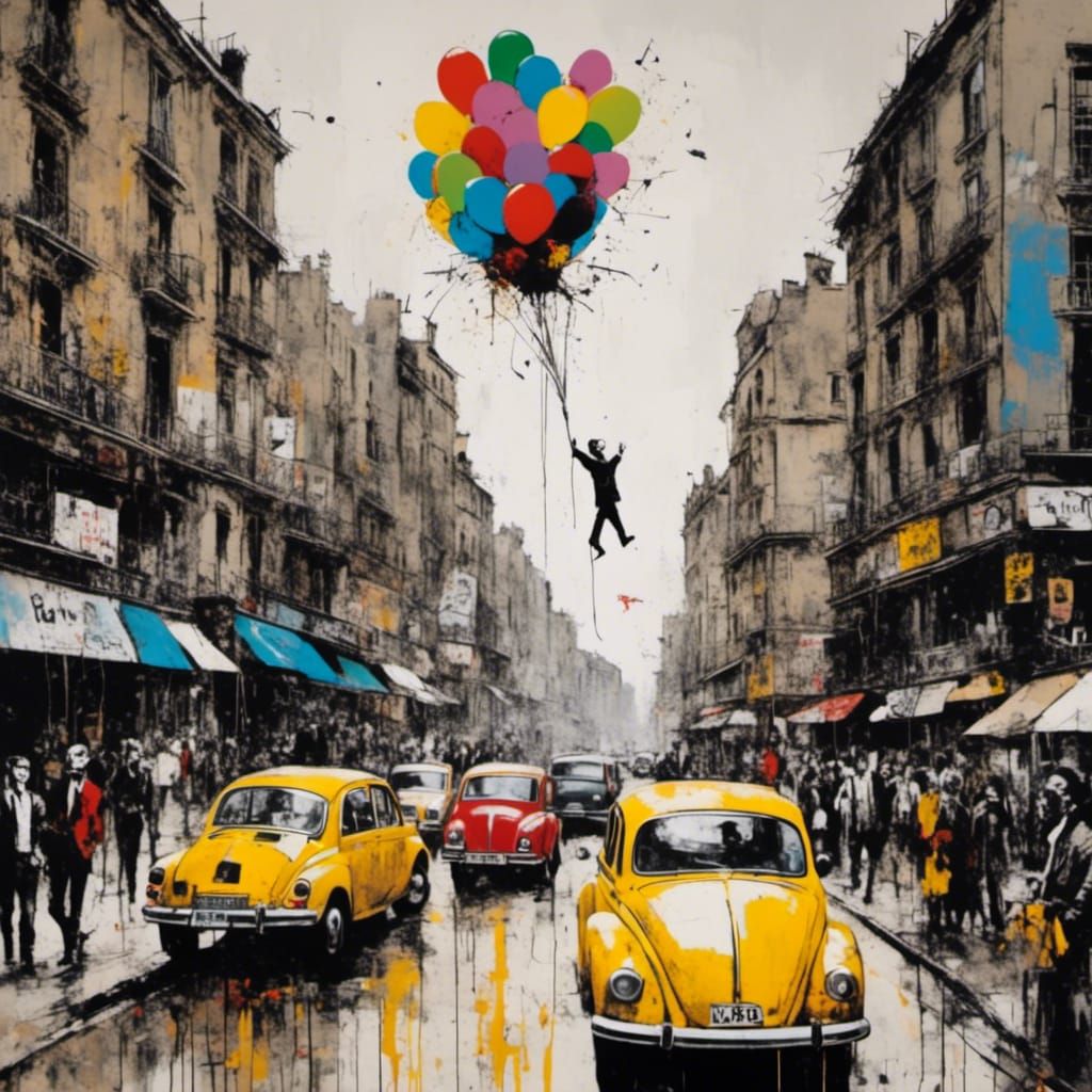 Banksy-Inspired Traffic Art with Balloon and Banana