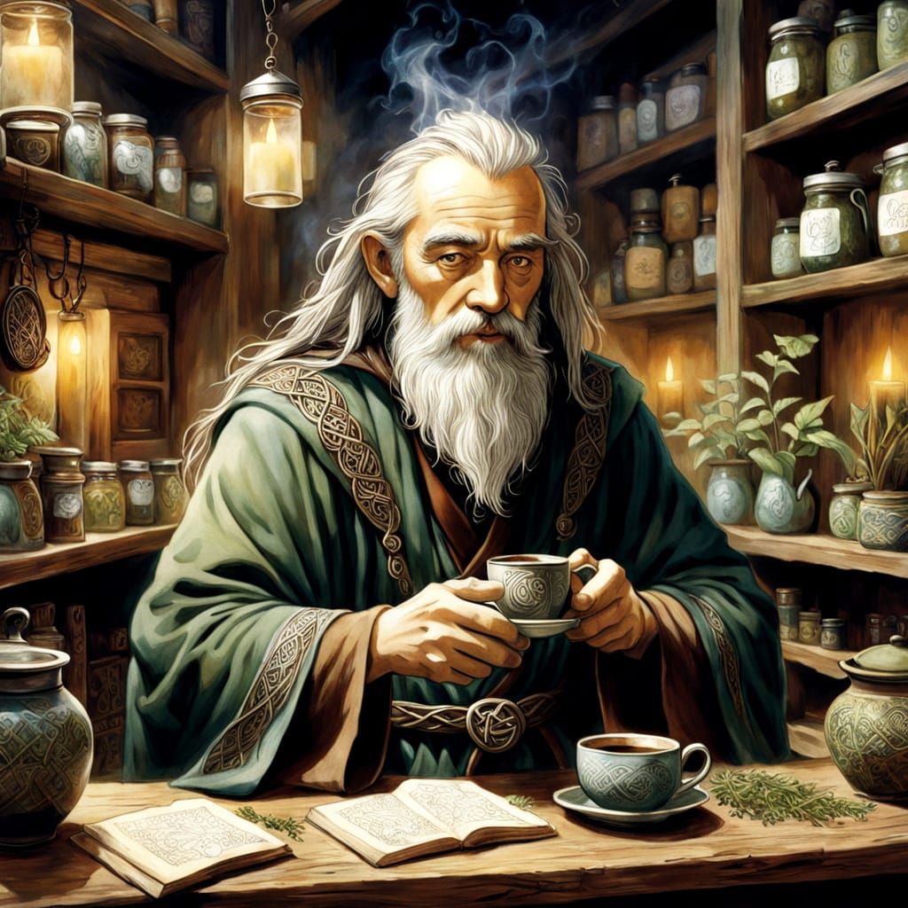 Ancient Druid Sits Amidst Coffee Shop Mysticism