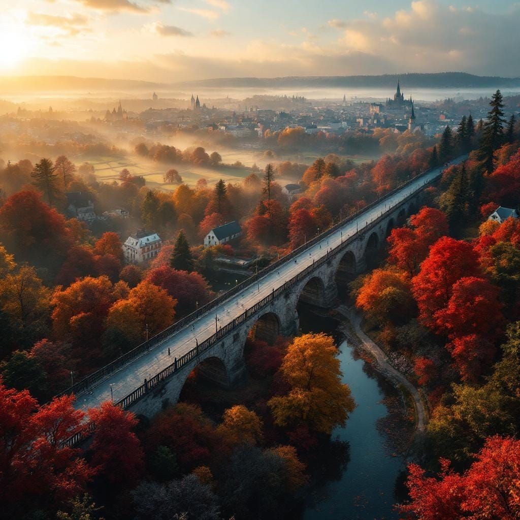 Rakotzbrücke Bridge in Autumn Gardens at Golden Hour