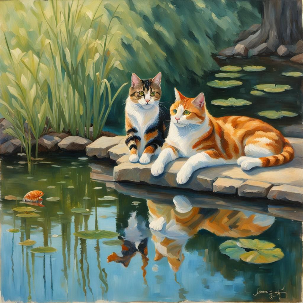 Calico and Tabby Cats by Pond, Oil Painting