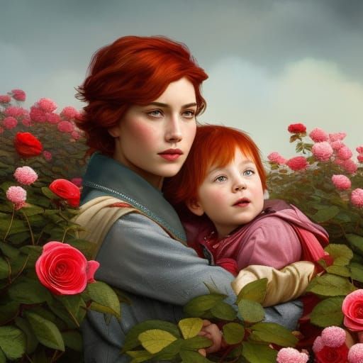 Boy and Robin in Rose Garden Portrait