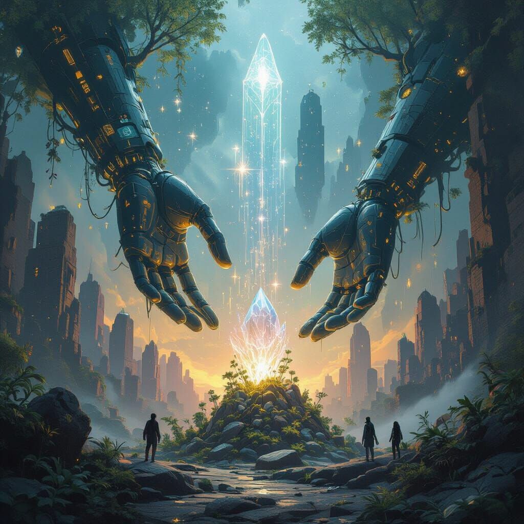 Ancient Machines Sculpt Galaxies in Dystopian Crystal Forest