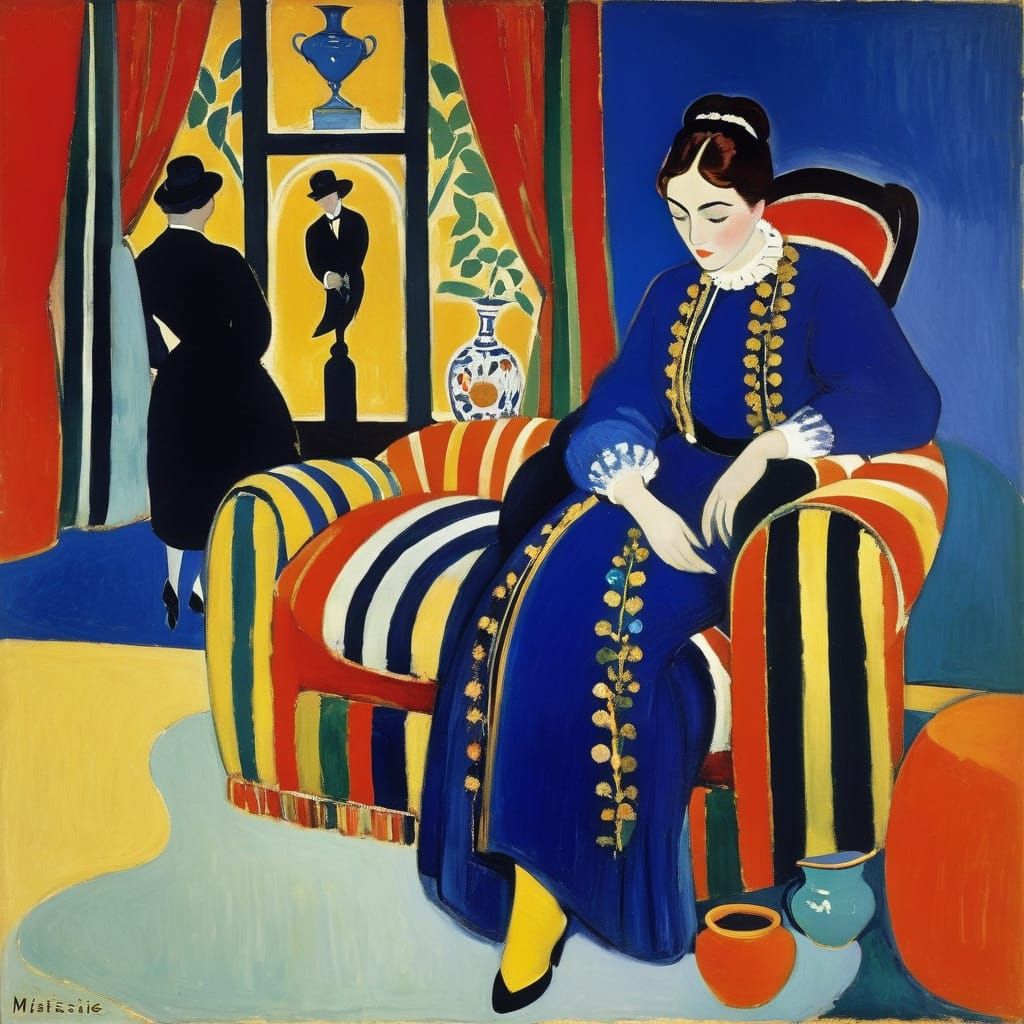 Woman on Striped Settee in Modern Art Style