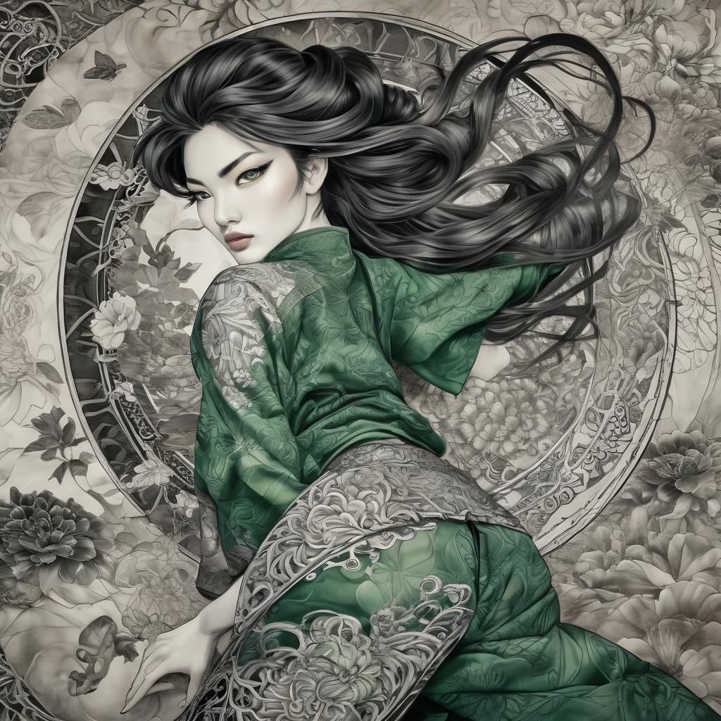 Mulan Ink Drawing with Tattoo in Sumi Style