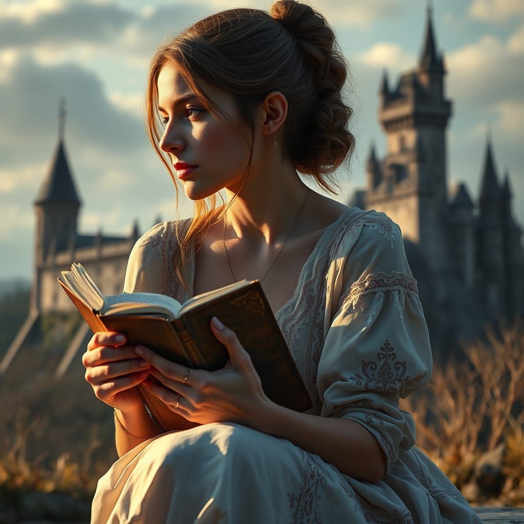 Contemplative Lady in Medieval Castle Landscape