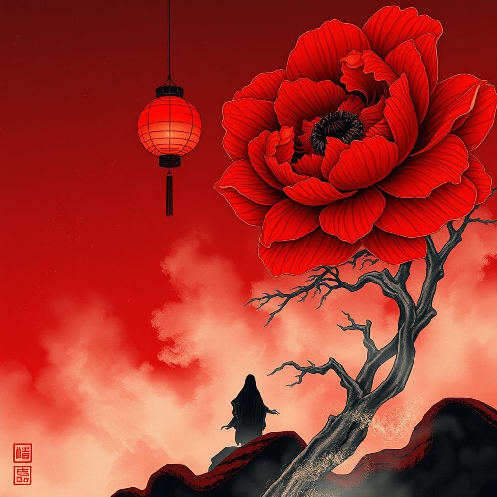 Spectral Yurei Basks in Red Lantern Glow Amidst Japanese Lan...