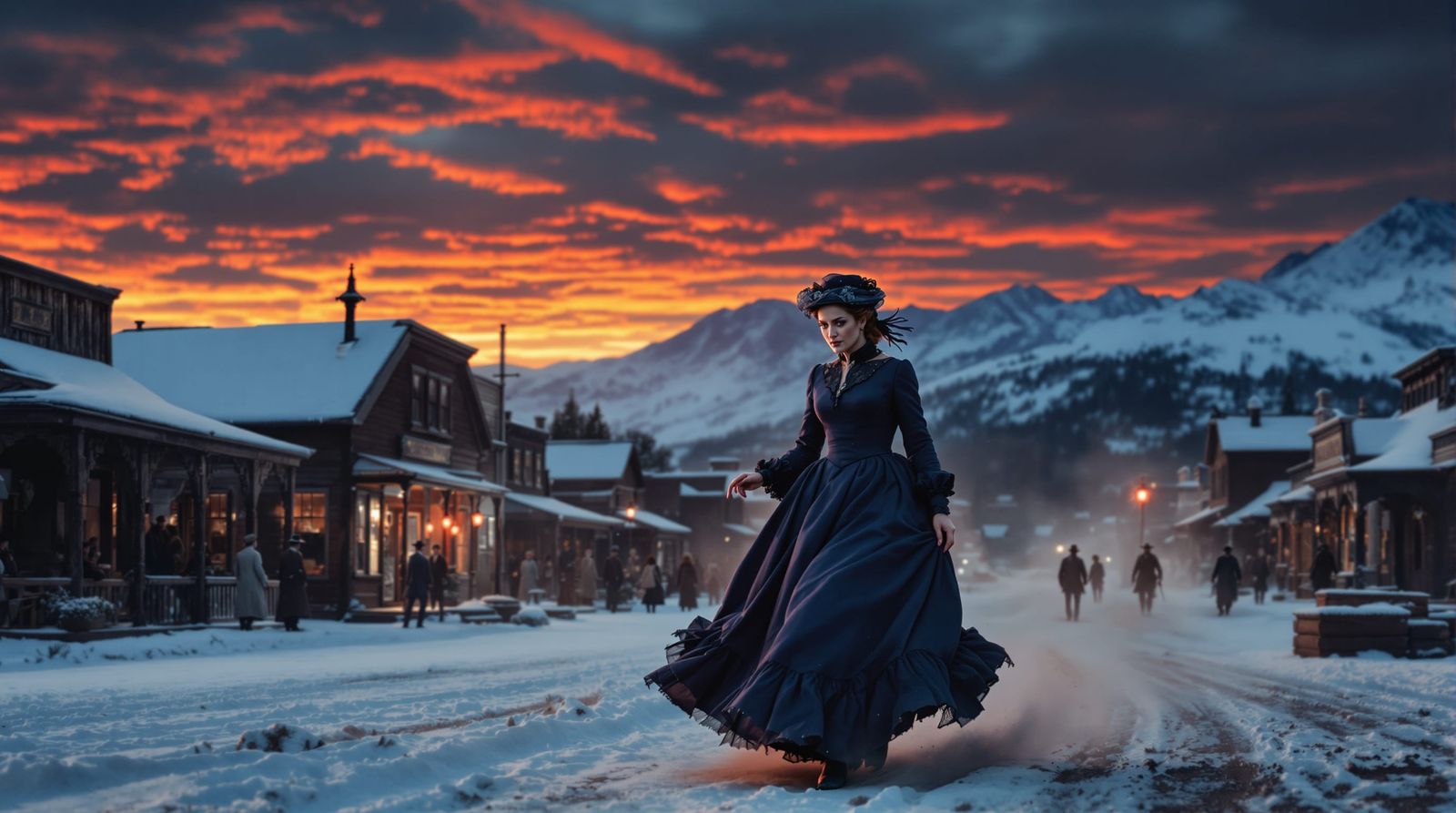 Victorian Pioneer Woman Strides Through Snowy Western Town a...