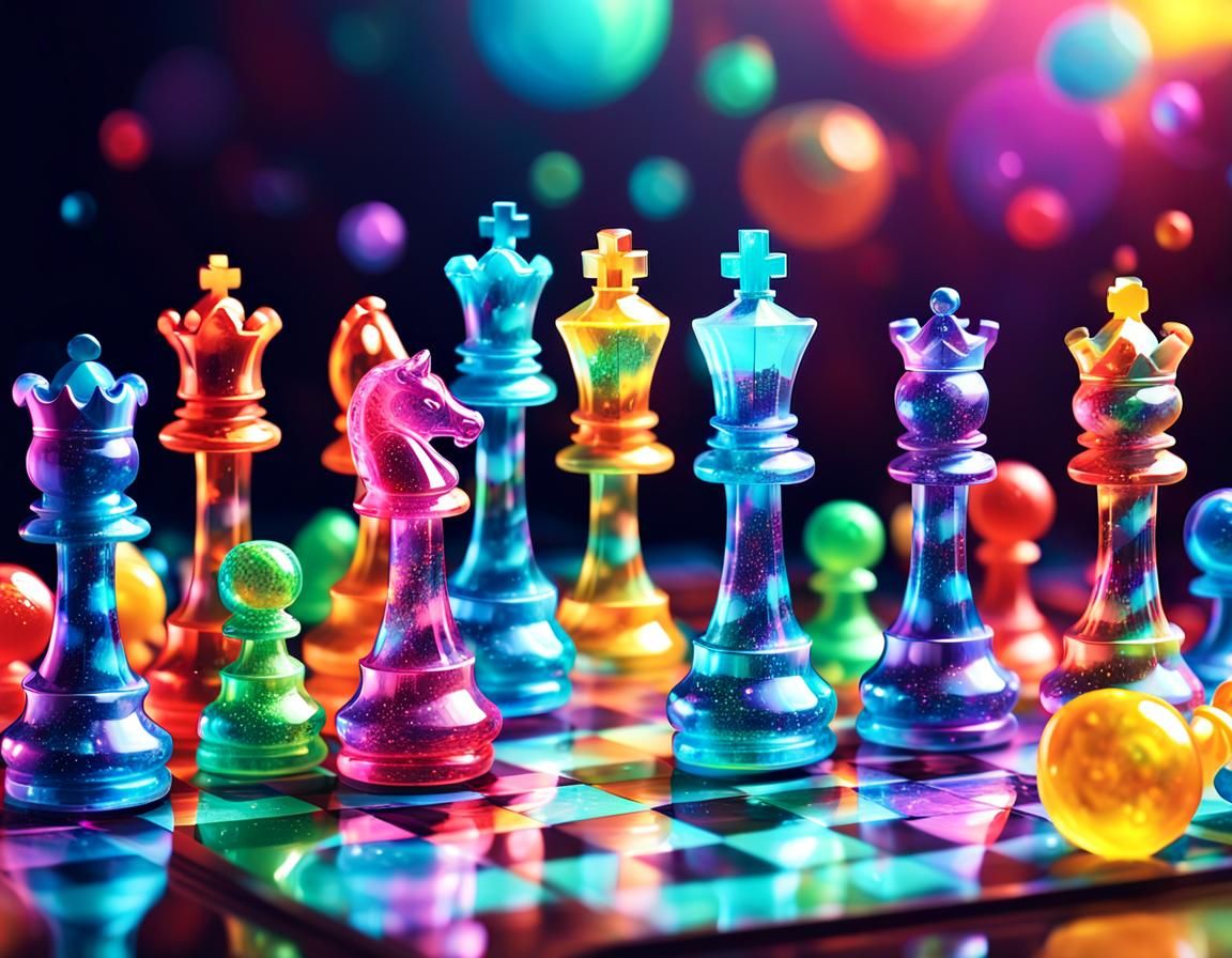 Vibrant Pixel Art Chess Pieces in a Dreamlike Setting