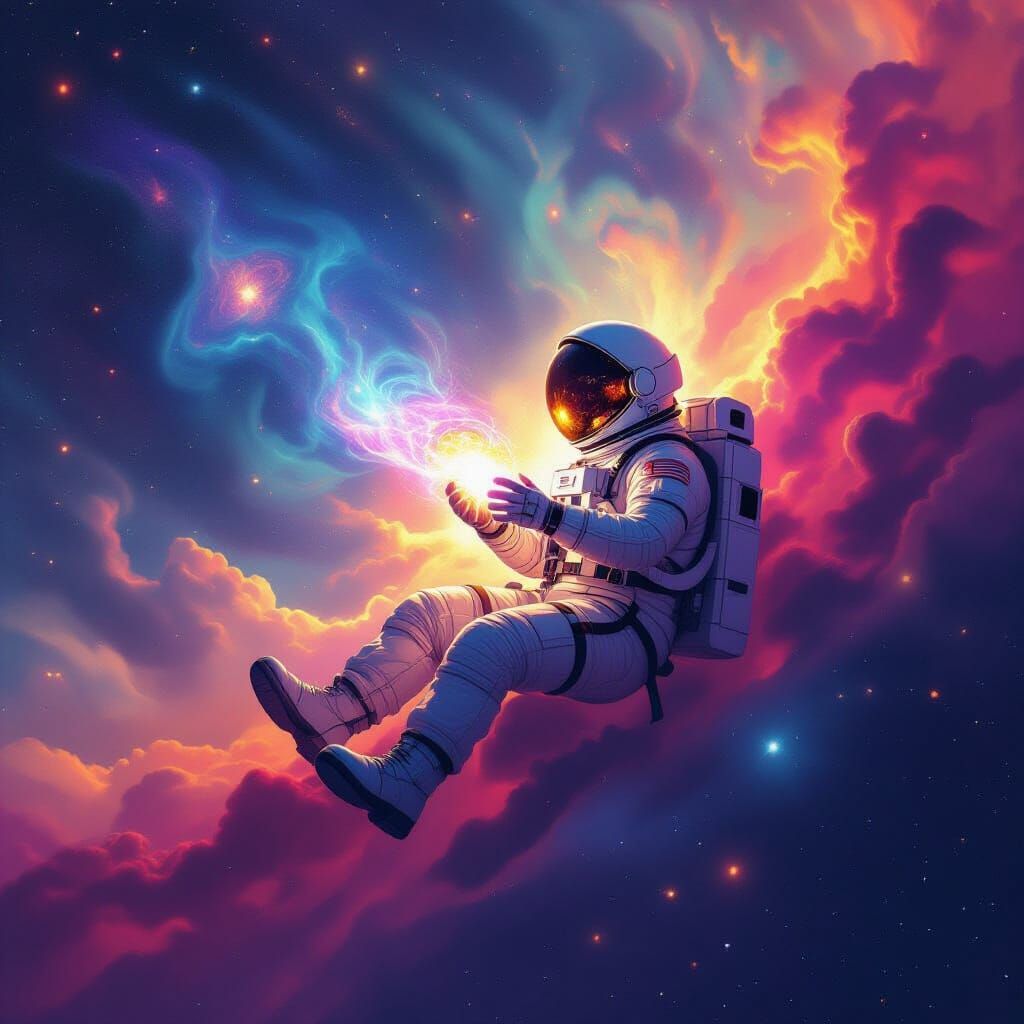 Astronaut Adrift in Nebula with Glowing Artifact, Vintage Sc...
