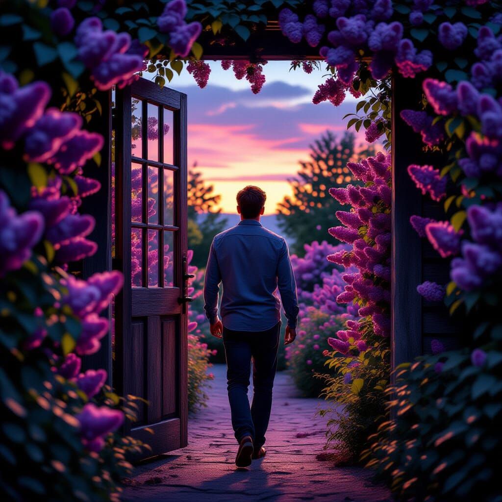 Man Steps Into Tranquil Twilight Garden With Blooming Lilacs