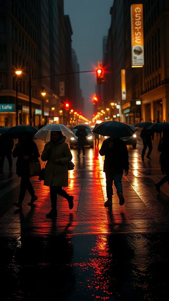 Rainy City Street Crossing at Night: Cinematic Style