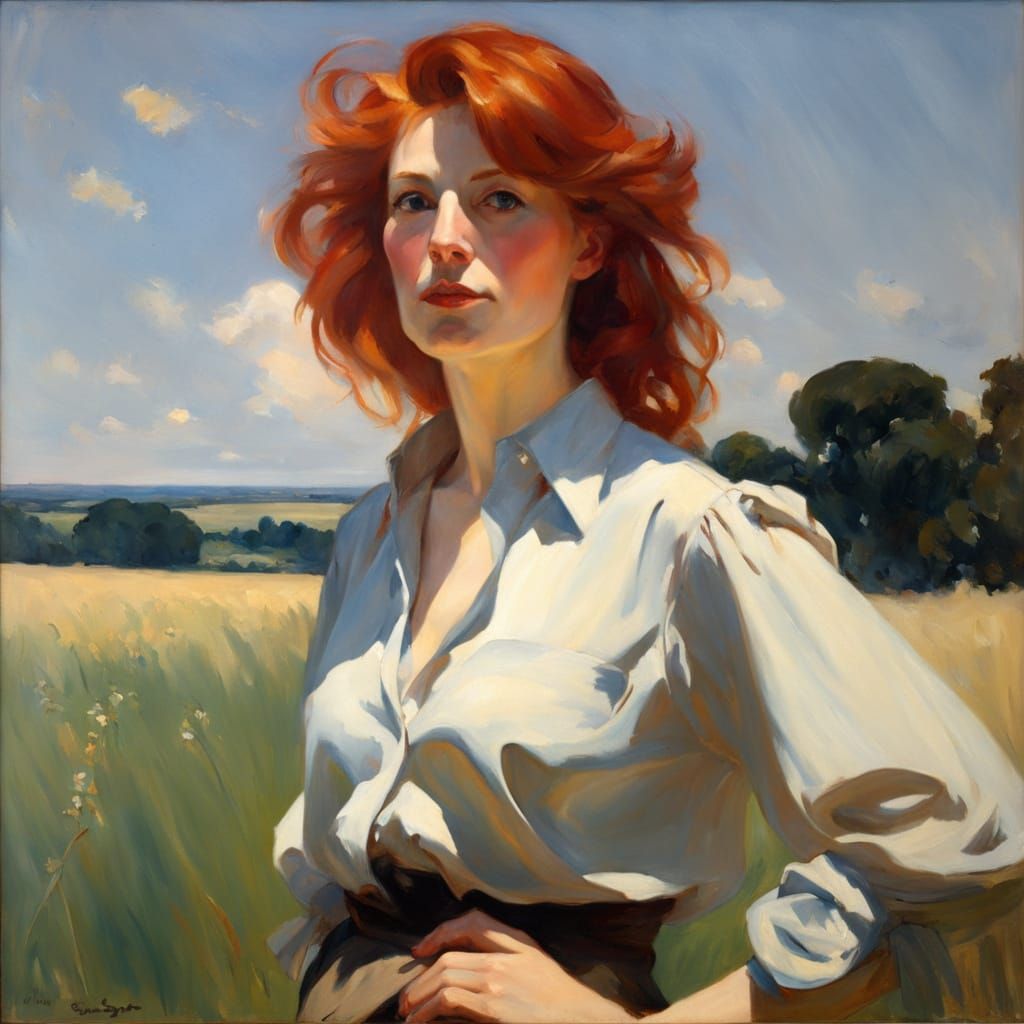 Elegant Redhead Portrait in Impressionistic Oil Style