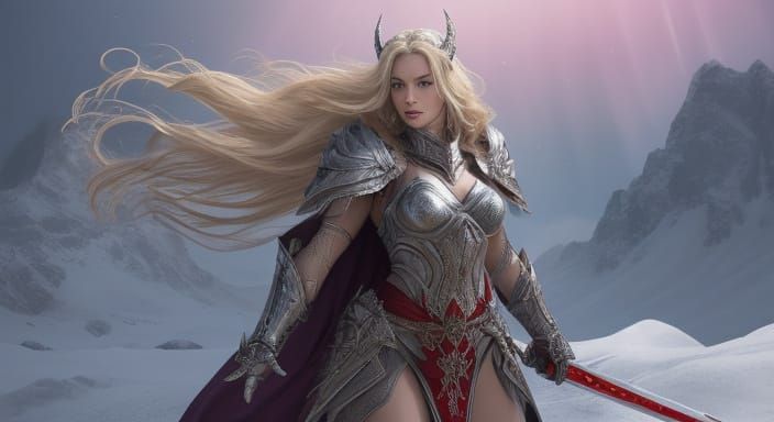 Vibrant Fantasy Warrior in Snowy Alps