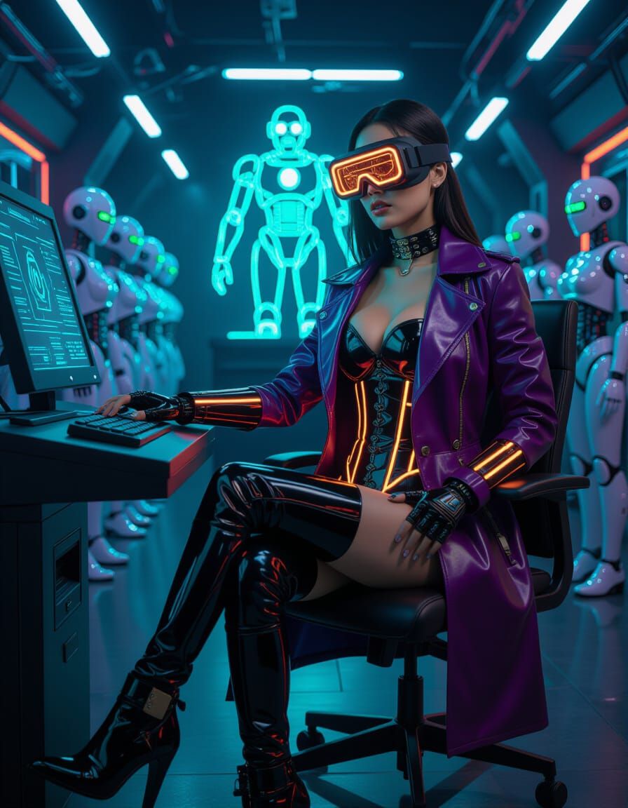Cyberpunk Asian Woman with Neon-Lit Cybernetic Arms