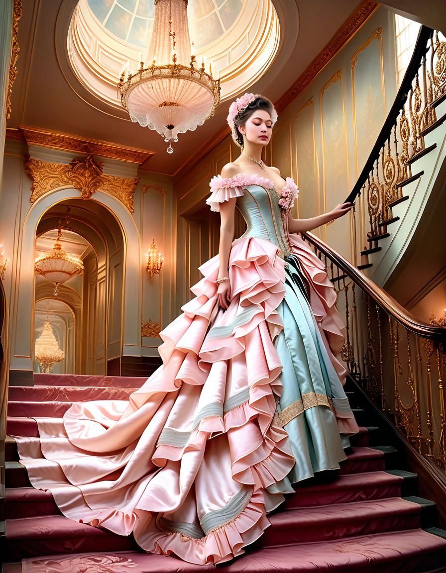Rococo Noblewoman Descends Grand Staircase: Pastel Painting