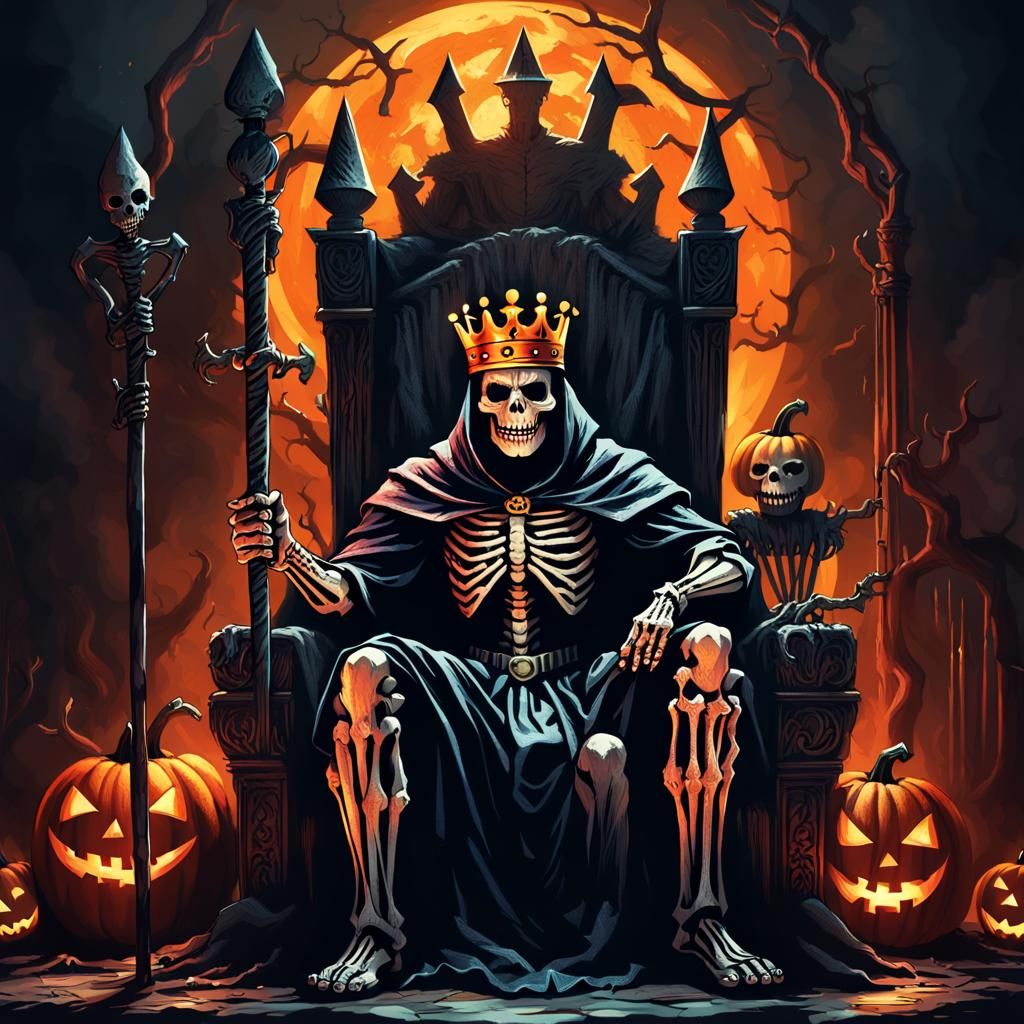 Pumpkin King on Throne in Dark Fantasy Illustration