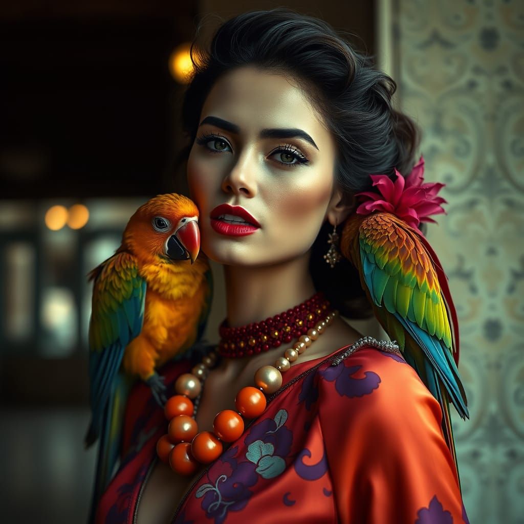Elegant Woman with Parrot in Moody Cinematic Scene