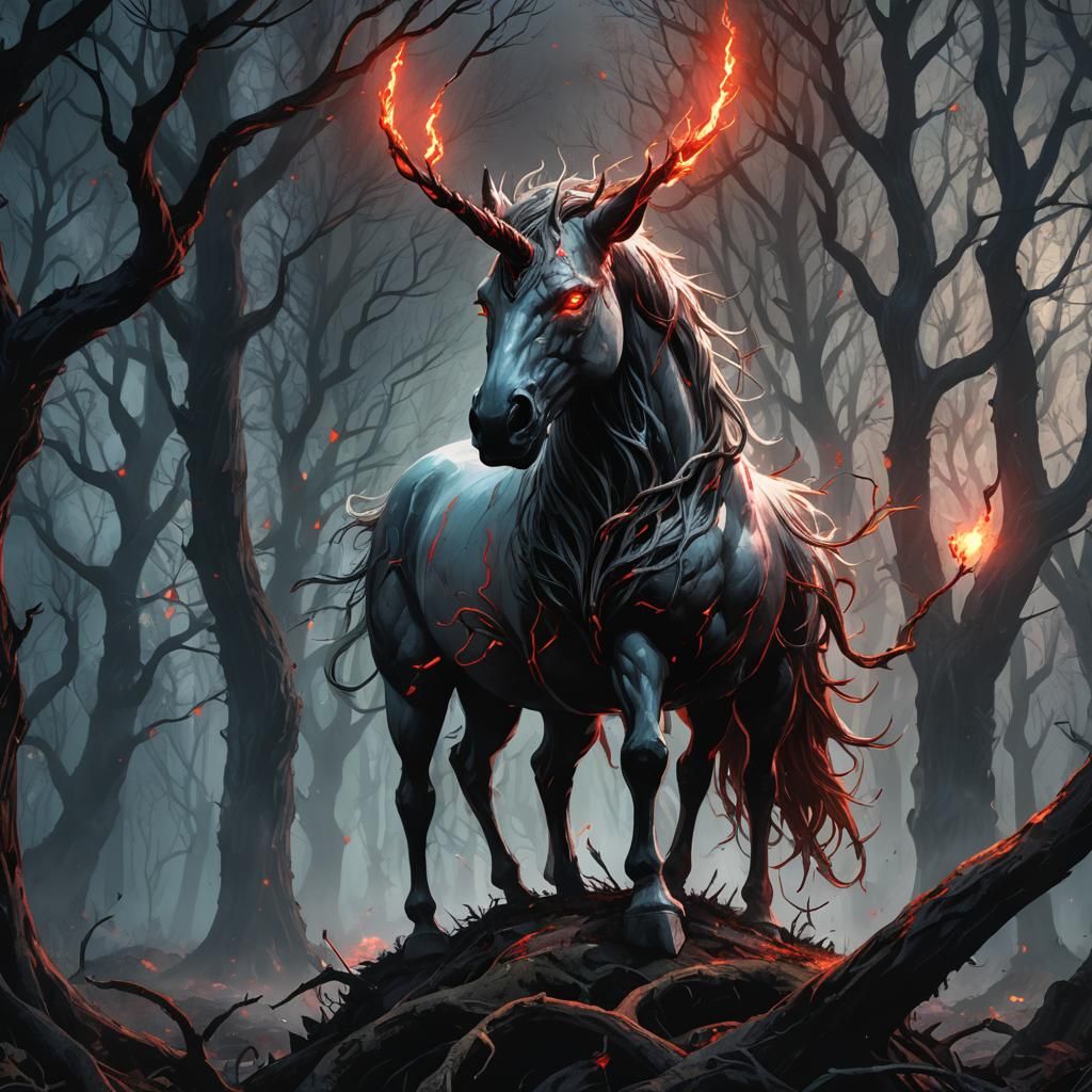 Dark Fantasy Unicorn with Glowing Eyes in Mystical Forest