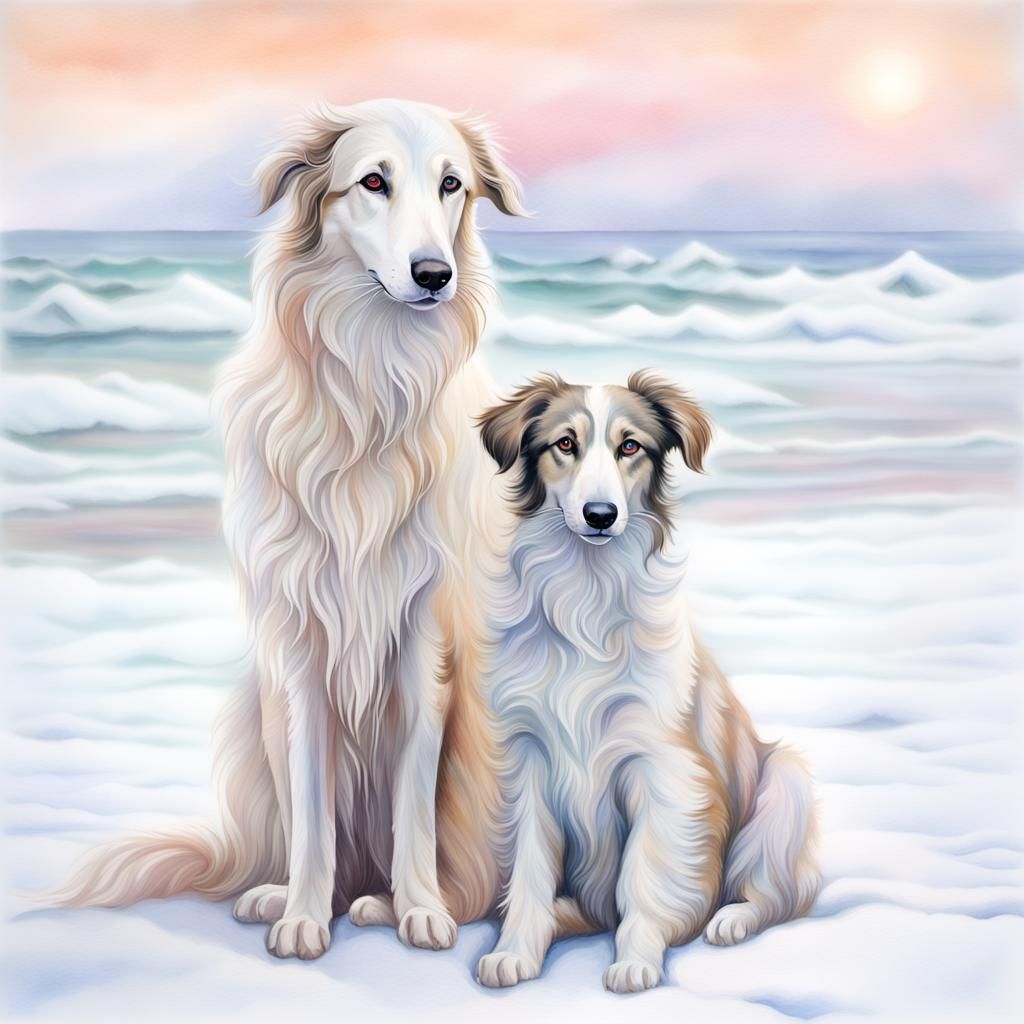Pastel Watercolor Portrait of Borzoi with Puppy