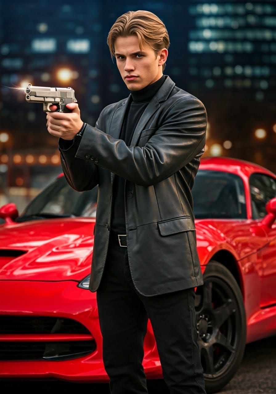 Action Hero with Red Viper in Urban Nightlife