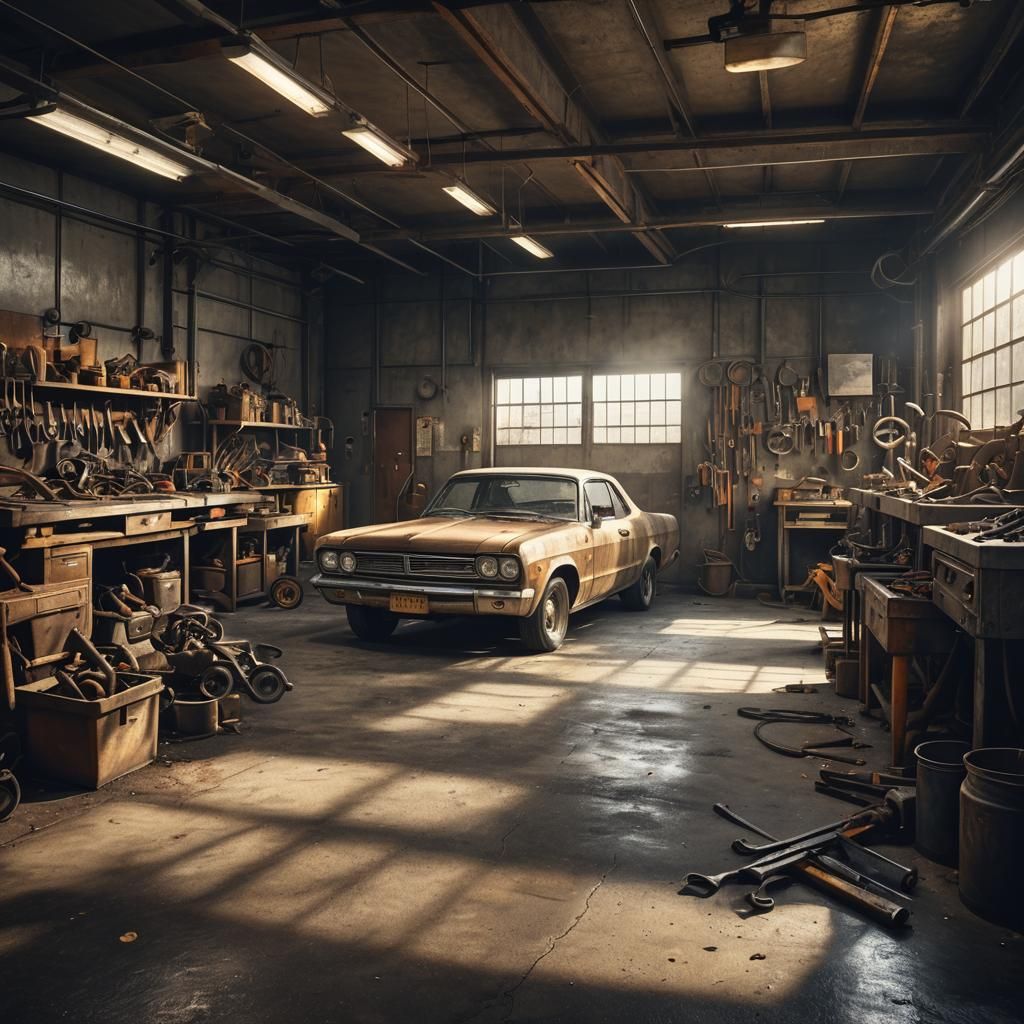 Industrial Car Garage Concept Art with Tools