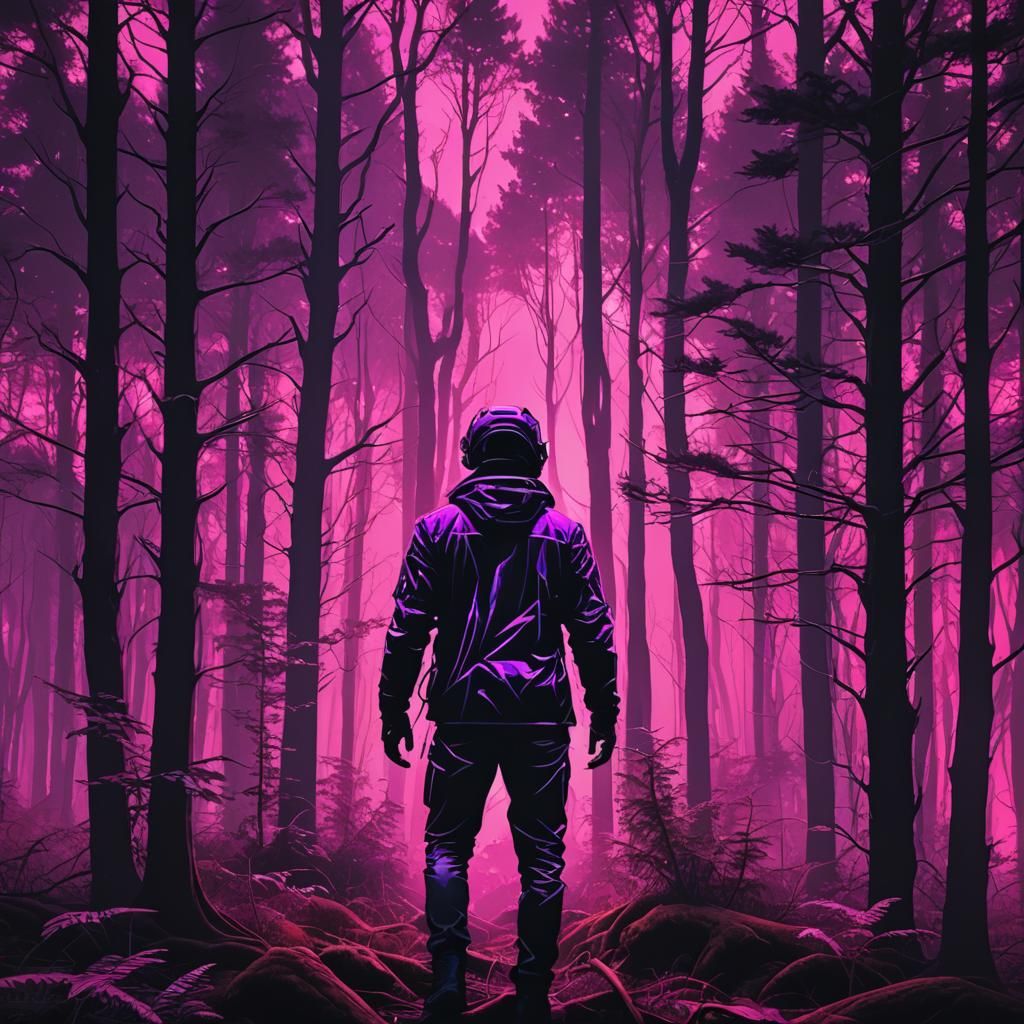 Synthwave Forest of Metal Trees and Silhouette