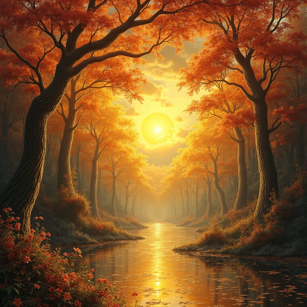 Glittering Gold Sunset Digital Oil Painting