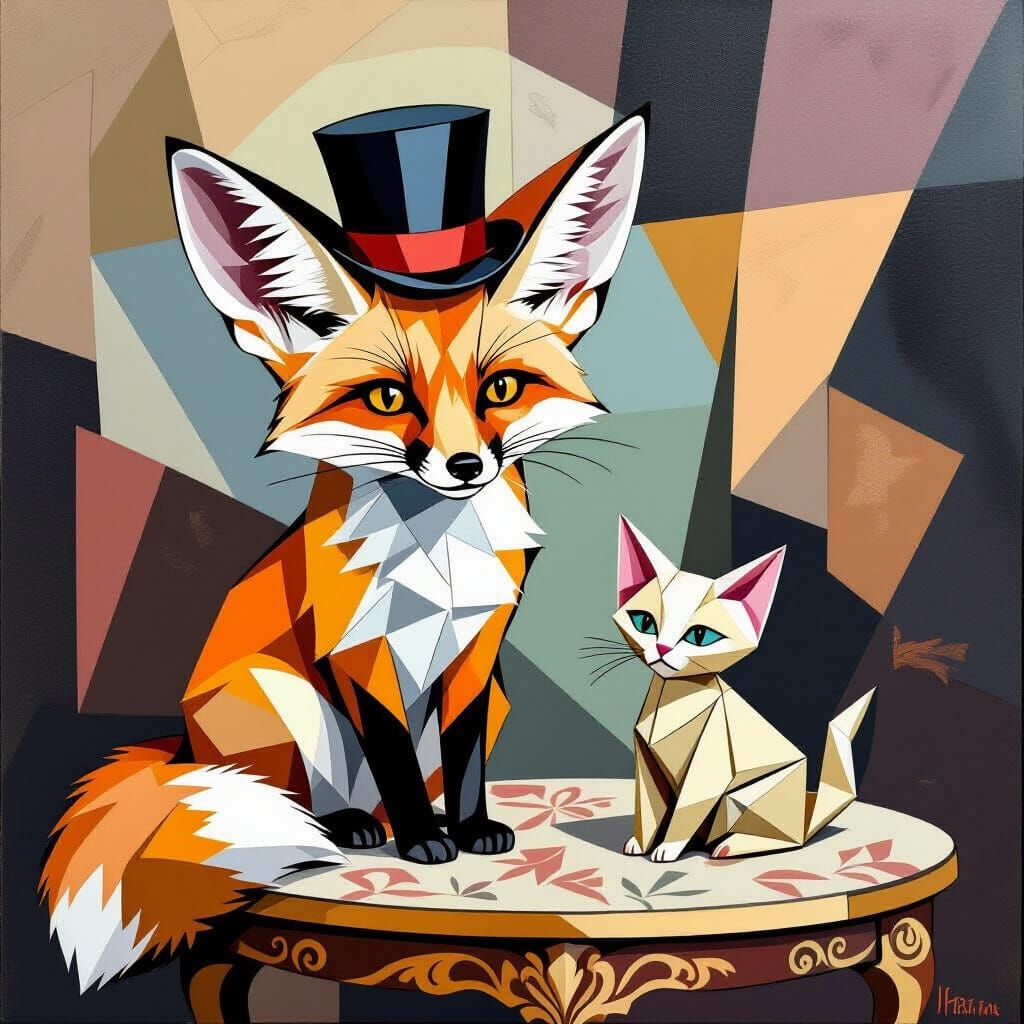 Fennec Fox and Origami Kitten in Cubist Style