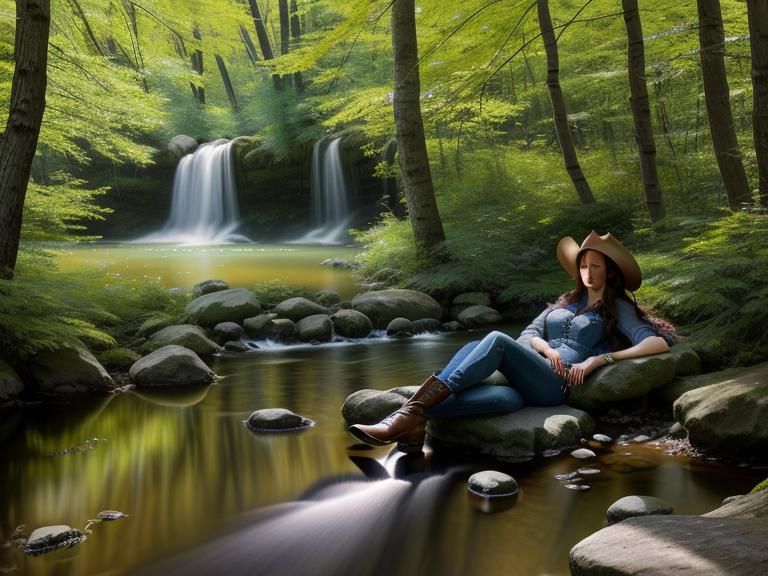Denim Cowgirl Sleeping Peacefully in Glade: Photorealism