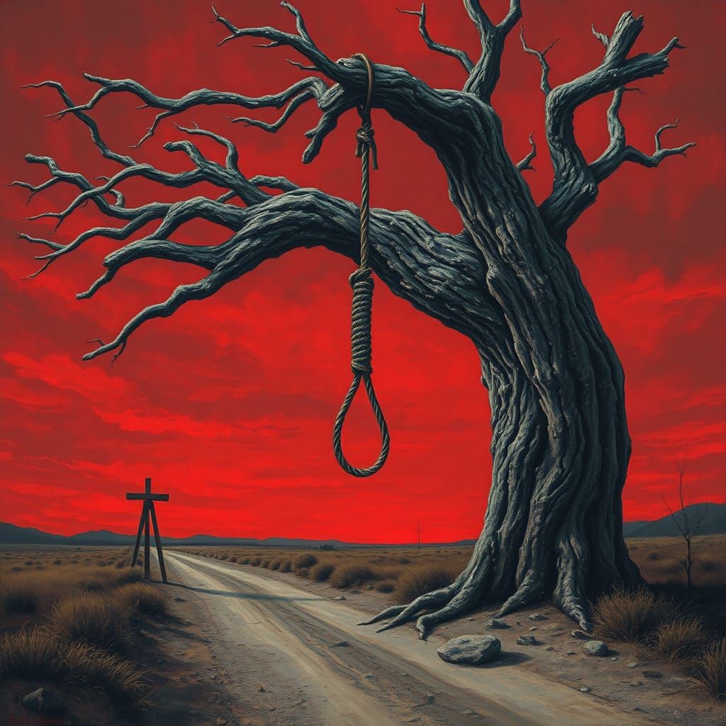 Ominous Noose at Crossroads in Haunting Landscape