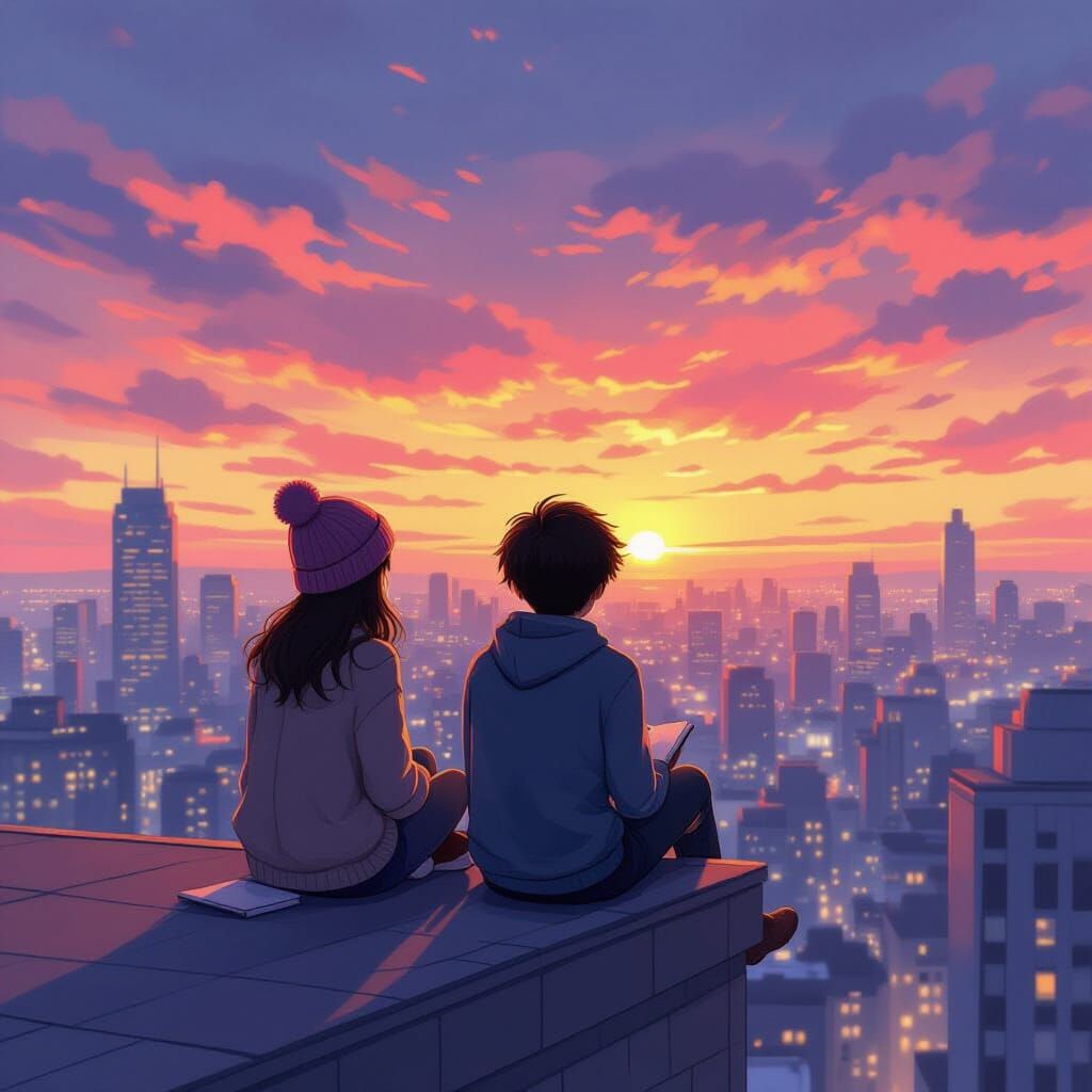 Couple Watches Sunset from Skyscraper Rooftop