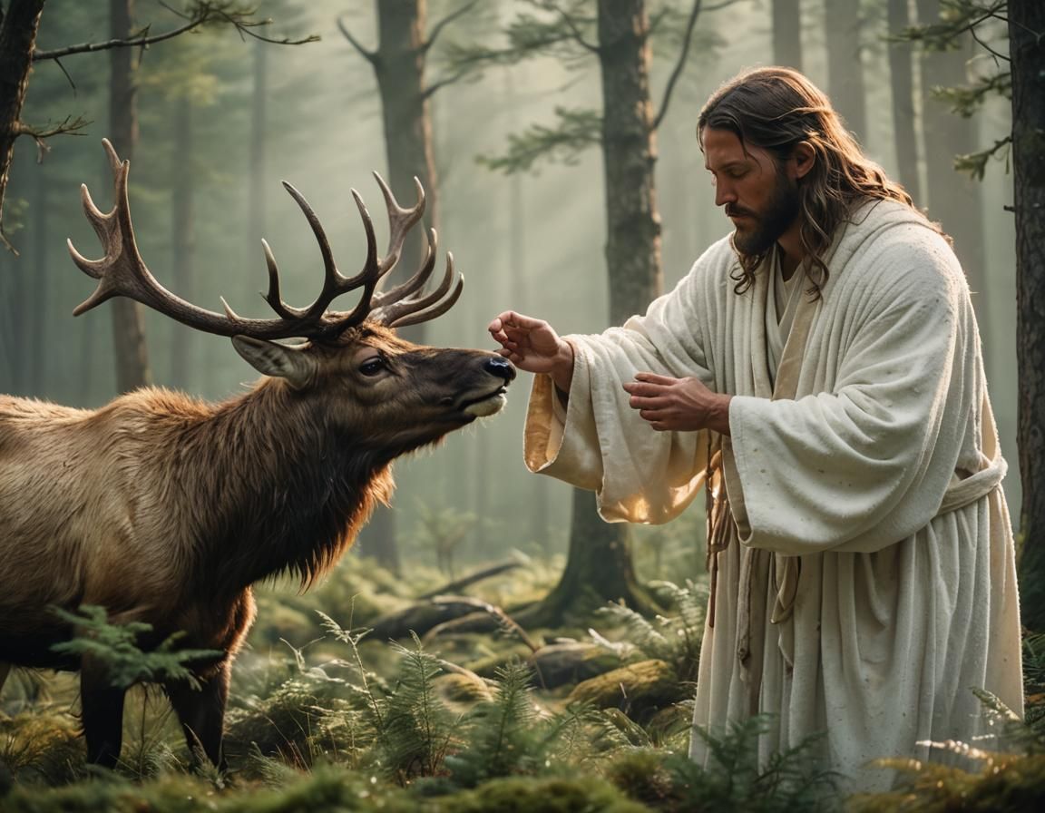 Jesus Touches Elk in Misty Forest
