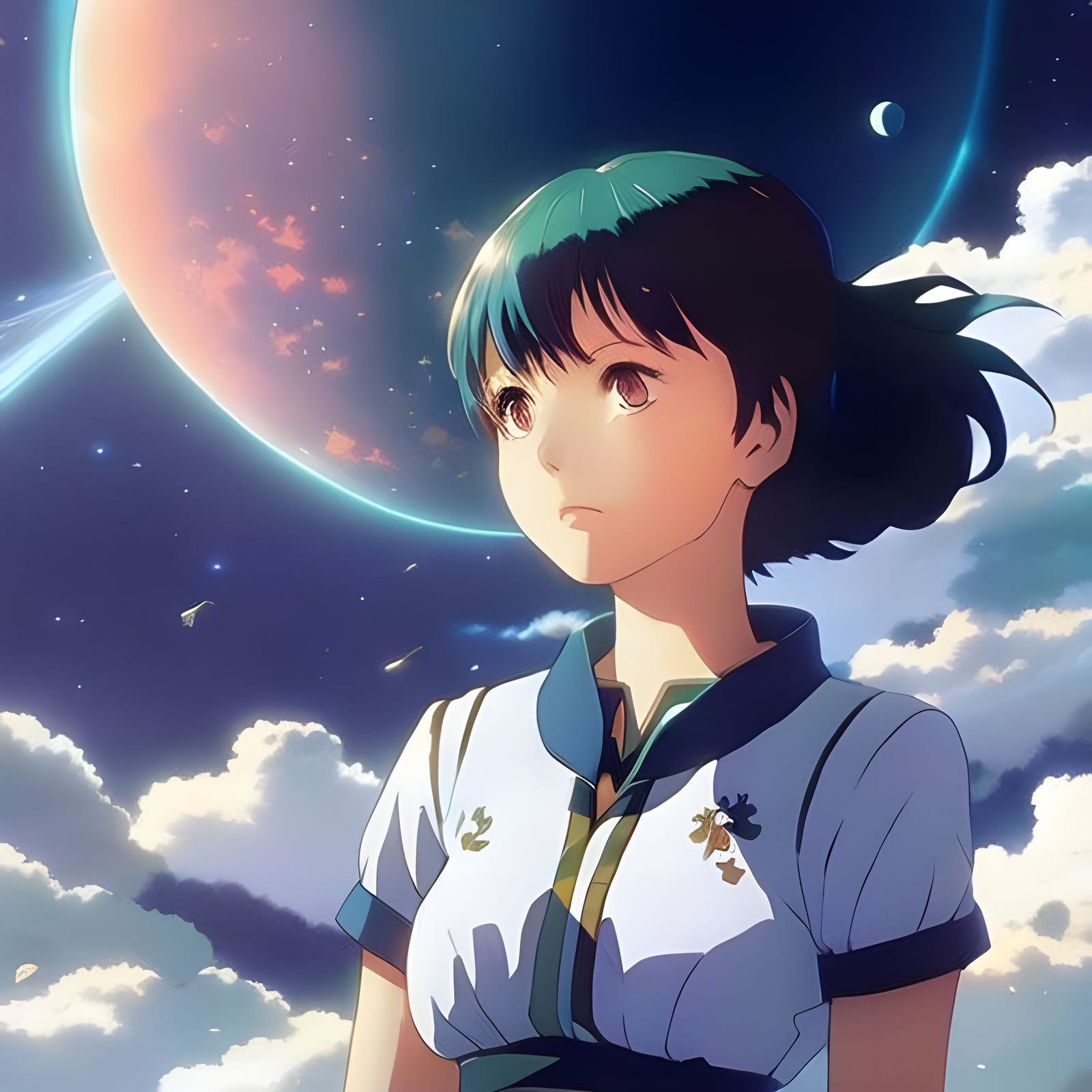 Lo-Fi Space Girl Near Blue-Green Planet