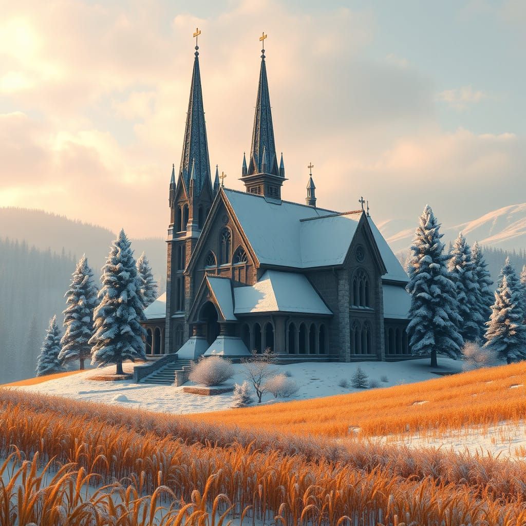 Magical Winter Church Amidst Golden Wheat and Pine