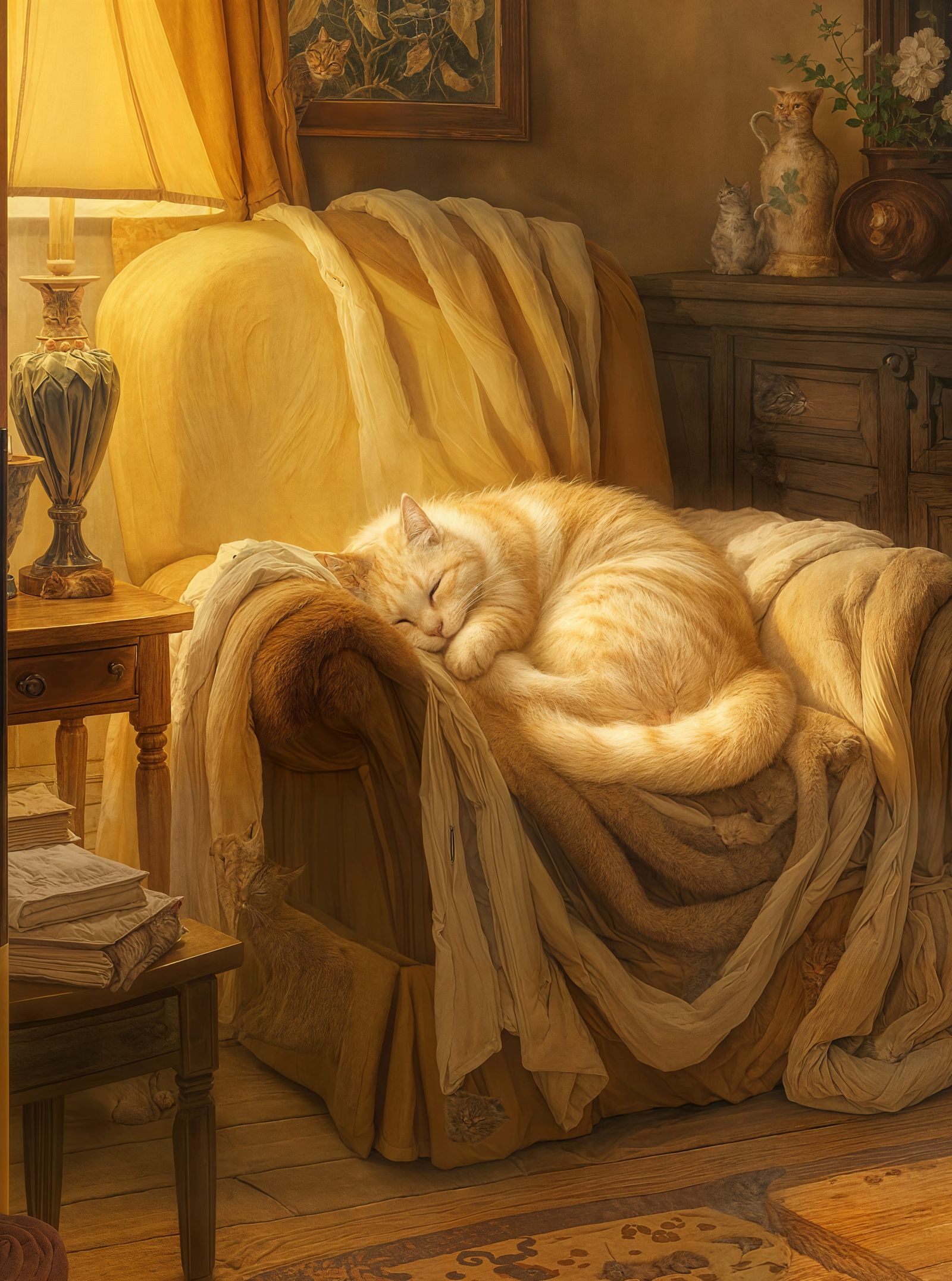 Cozy Room Interior with Sleepy Cat
