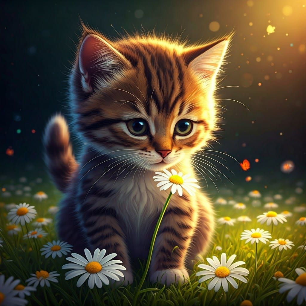 Kitten and Daisy: Surreal Hyperdetailed Illustration