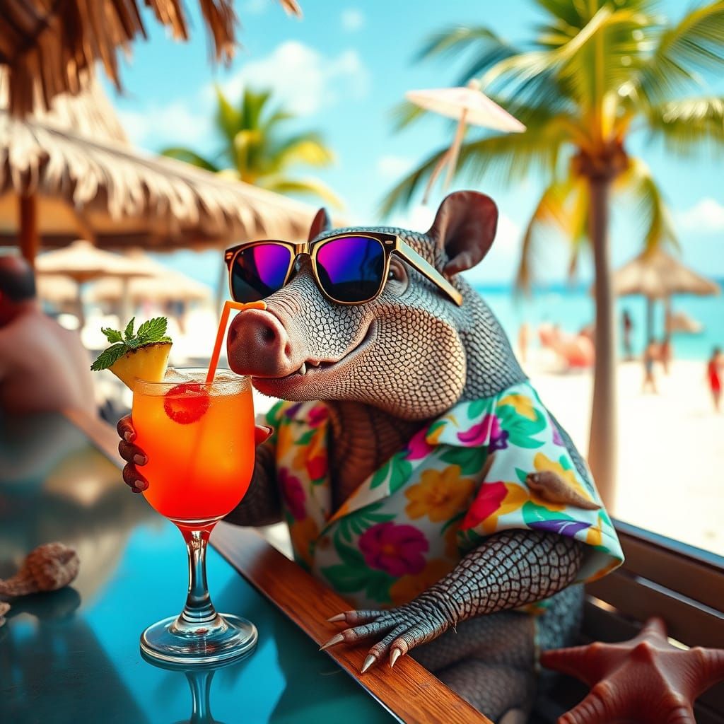 Sun-Kissed Armadillo in Tropical Beach Bar Scene