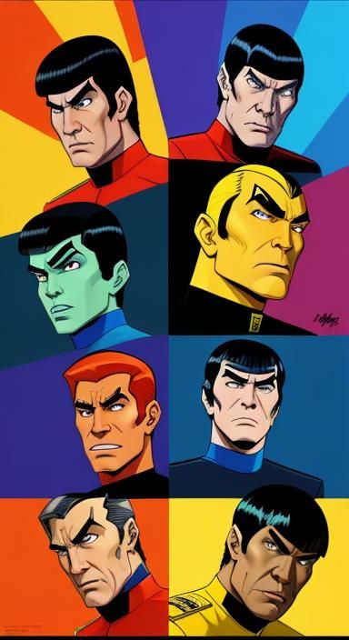 Captain Kirk, Spock, and Uhura Hug in Exuberant Cartoon Styl...