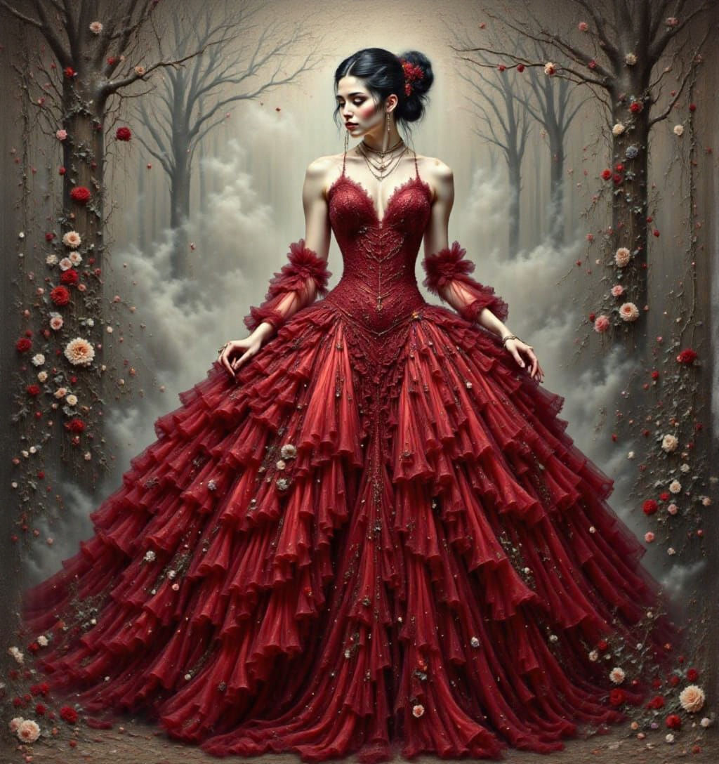 Elegant Asian Woman in Ruffle Lace Renaissance Dress